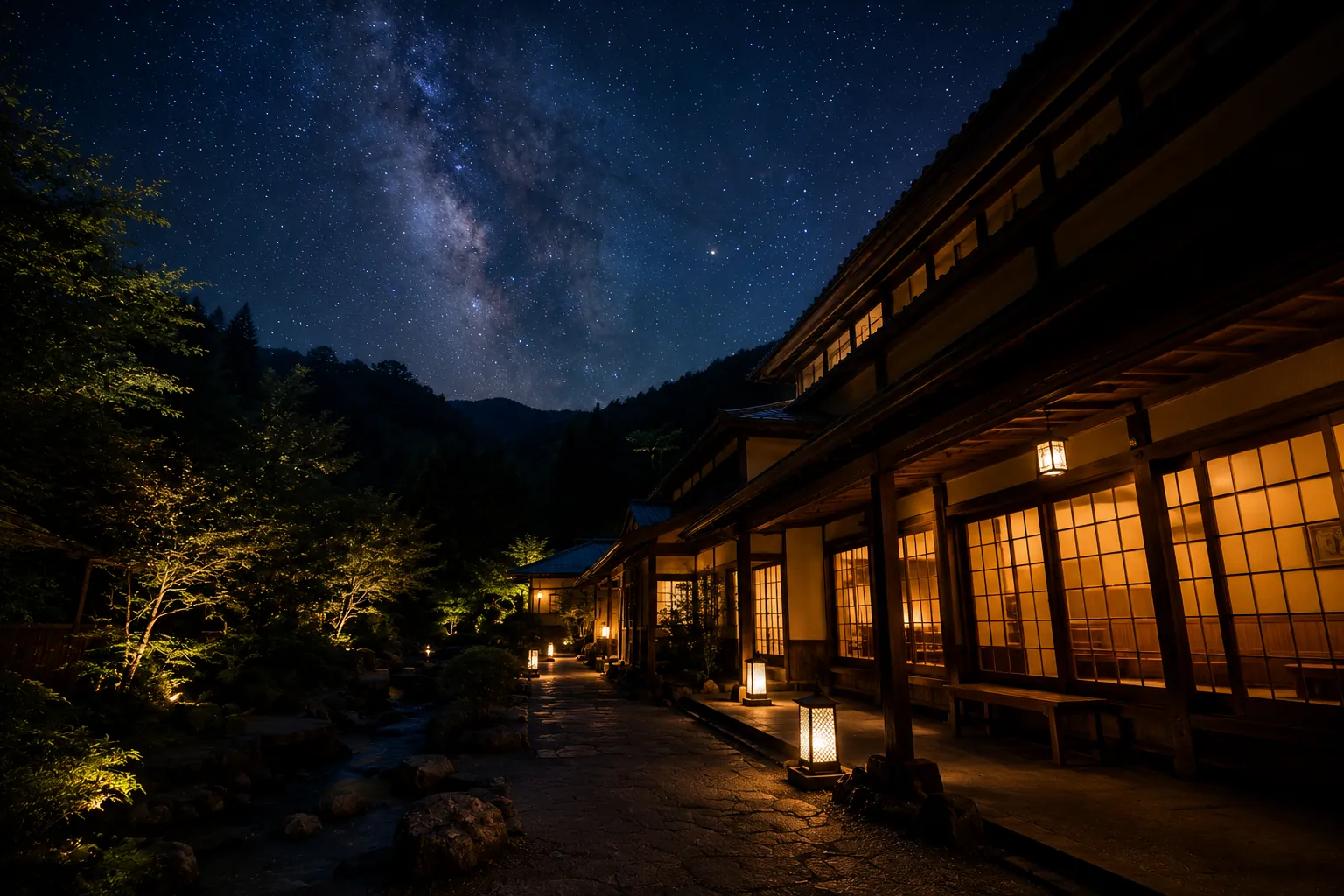 星空の下で灯りがともる宿